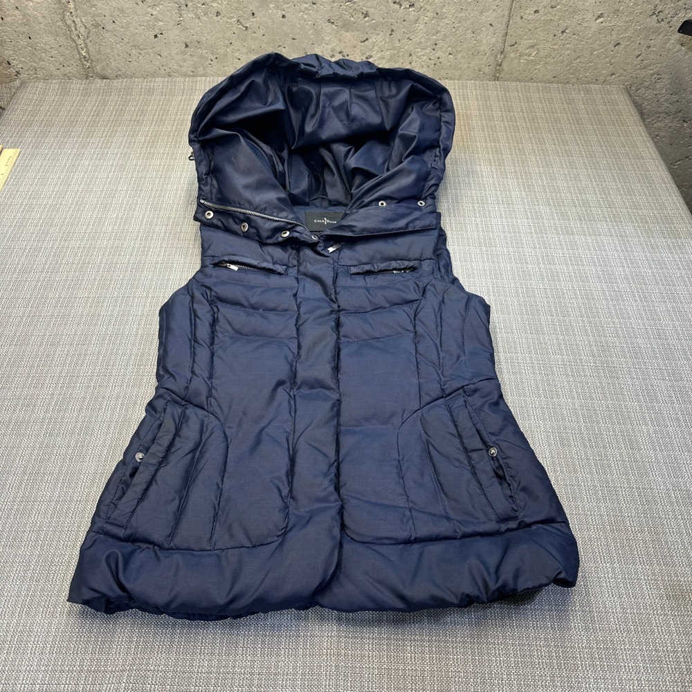 Cole Haan Puffer Vest Down Filled Womens Small Navy Blue Hooded Quilted